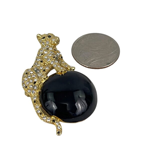 Gold Leopard Brooch Pin With Black Onyx and  Rhinestone Accents - Picture 8 of 8